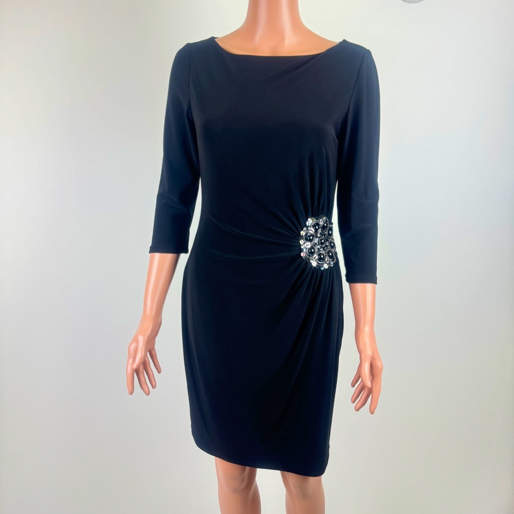 Women's Nine West Knee Length 3/4 Sleeve Ruched Accent Dress Size 4 Black - Picture 3 of 14